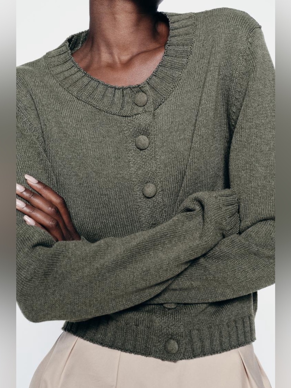 Zara Olive Button-Covered Knit Cardigan